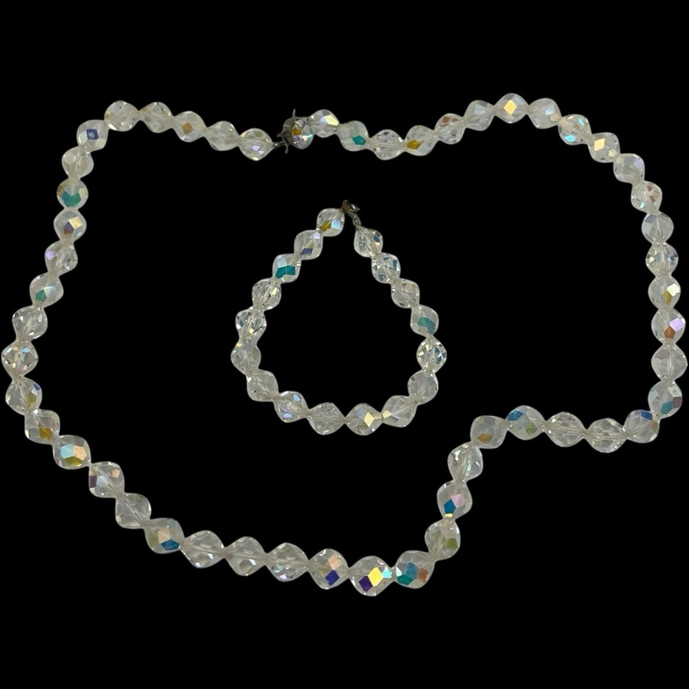 Vtg Crystal Aurora Borealis‎ Graduated Bead 22" Necklace 7" Bracelet Set Regency
